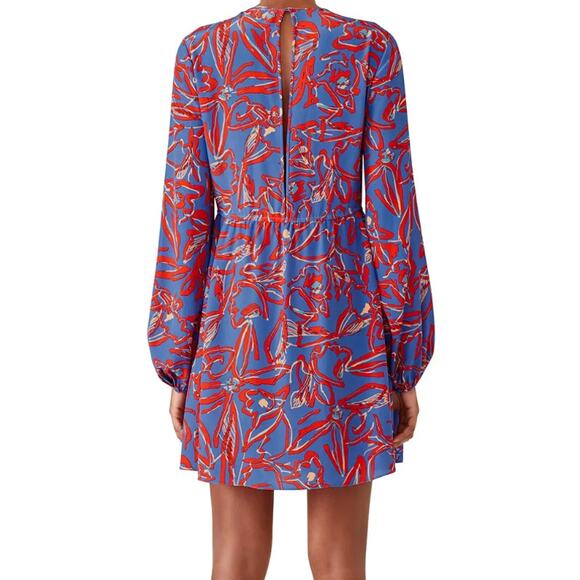 Diane von Frurstenberg 100% Silk Dress Eldsen Blue Red Floral Print Long Sleeve - Picture 4 of 11